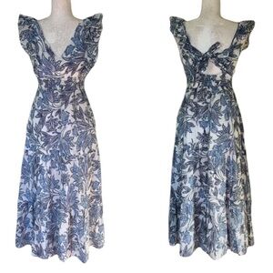 JOIE Blue White Floral Print Tie Back Flutter Sleeve Tiered A-line Midi Dress  S